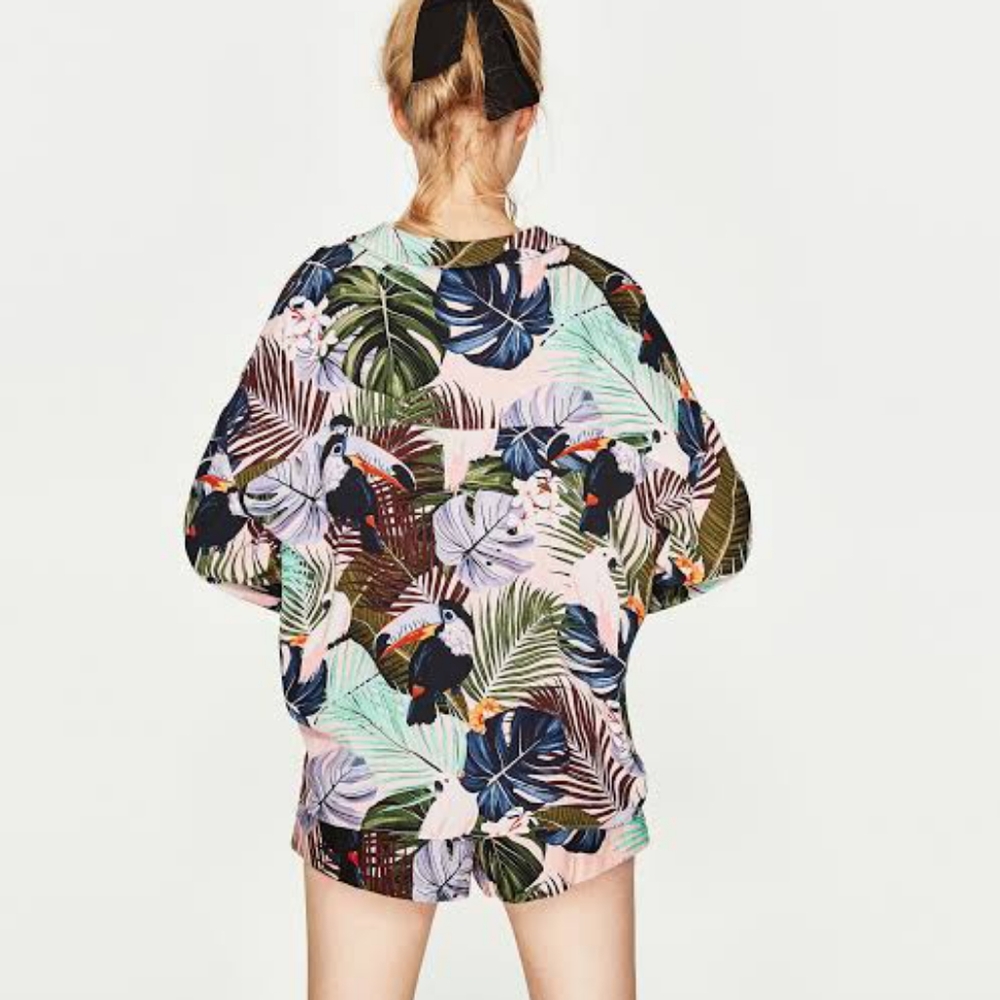 ZARA Tropical Birds Toucan Cockatoo Collared Shirt Blouse - Picture 5 of 16